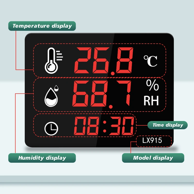 LX915 front panel showing temperature, humidity and time displays