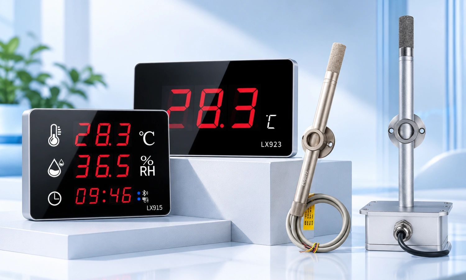 Orivelor LX915 and LX923 digital temperature meters with industrial temperature and humidity sensors